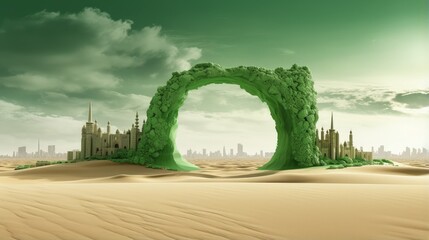 Kingdom of Saudi Arabia skyline with nature. Saudi Arabia flag, celebrating the national day. abstract design template. old arch and dune sand, 3d illustration.