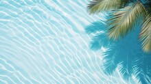 Aqua Waves And Coconut Palm Shadow On Blue Background. Water Pool Texture Top View.Tropical Summer Mockup Design. Luxury Travel Holiday. 3d Render
