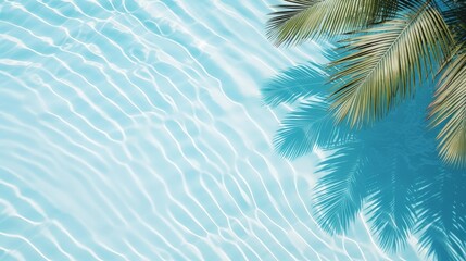 Poster - Aqua waves and coconut palm shadow on blue background. Water pool texture top view.Tropical summer mockup design. Luxury travel holiday. 3d render