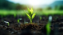 Maize Seedling In Cultivated Agricultural Field With Graphic Concepts Modern Agricultural Technology, Digital Farm, Smart Farming Innovation, IOT