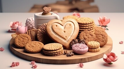 Aufkleber - Board with tasty cookies for Valentine's Day celebration on light background, closeup