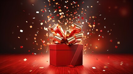 Wall Mural - Open Christmas magic gift box on red background. 3d rendering