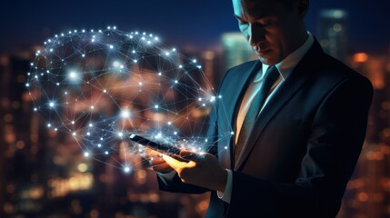 Aufkleber - Businessman touching on mobile phone and global structure networking and data exchanges connection, Digital marketing, Social Media, internet network connection, business and digital technology.
