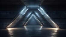 Future Triangle Concrete Block Asphalt Side Window Glowing Dark Realistic Corridor Hall Tunnel Garage Underground Track Empty Sci Fi Futuristic 3D Rendering Illustration