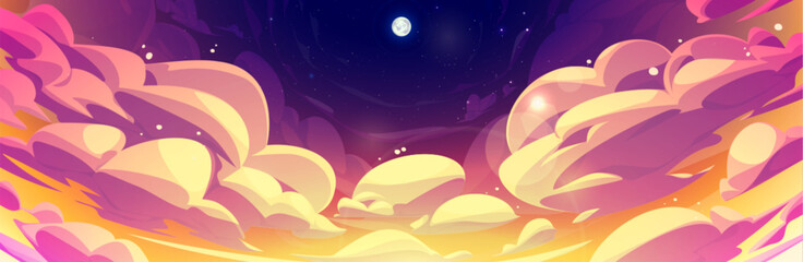 Wall Mural - Cartoon skyscape during sunset or sunrise with fluffy anime style clouds. Vector air panoramic background of deep purple and yellow gradient colored cloudy heaven with moon and curve shaped haze.