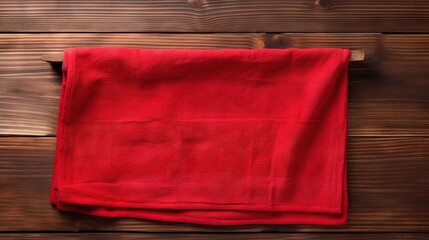 Wall Mural - Red towel over wooden kitchen table. View from above with copy space