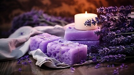 Sticker - Lavender spa. Essential oils, sea salt, towels and handmade soap. Natural herb cosmetic with lavender flowers