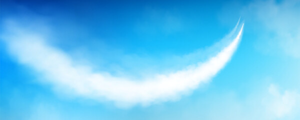 Wall Mural - white smoke trail from airplane or rocket in blue sky. realistic vector illustration of upward curvi