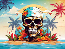 Summer Vibe Skull With Beach Background Vector