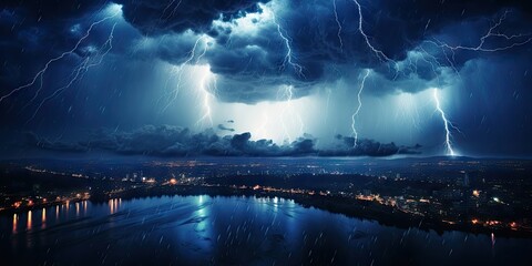 Wall Mural - bright lightning that lit up the dark night sky during an electrical storm. thunderstorm concept by 