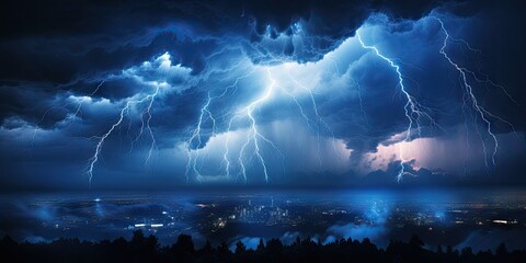 Wall Mural - bright lightning that lit up the dark night sky during an electrical storm. thunderstorm concept by 