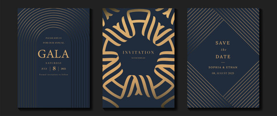 Luxury invitation card background vector. Golden elegant geometric shape, gold lines gradient on dark blue background. Premium design illustration for gala, grand opening, party invitation, wedding.