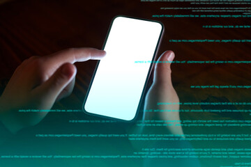 Leinwandbilder - Phone, data and overlay with a person doing a cloud computing search for information technology. Hands, mobile and cyber security for communication, networking on software programming and coding