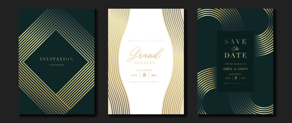Luxury invitation card background vector. Golden elegant geometric shape, gold line gradient on dark green and light background. Premium design illustration for gala, grand opening, party, wedding.