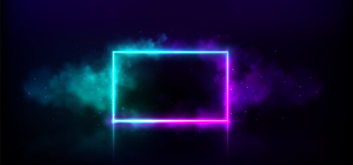 Wall Mural - Neon rectangle door light game frame with smoke. Magic square futuristic border with led sparkle for music club party design. 3d abstract laser smokey room in purple and blue with cosmic shape