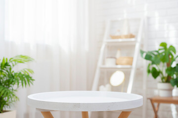 Wall Mural - closeup of round empty table in blurred spa room with curtained window