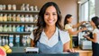 Smiling, young and attractive saleswoman, cashier serving customers