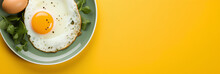 Fried Egg. Close-up View Of The Fried Egg On A Plate On A Yellow Background, Advertising Banner, Web Banner, Place For Your Text, Copy Space, Empty Space, Generative AI