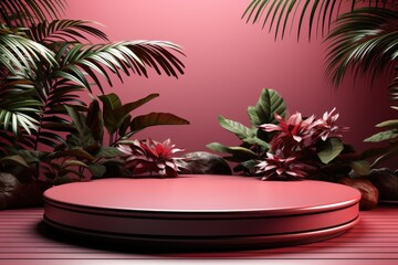 3D render of pink background with tropical leaves and podiums, 8k by Generative AI