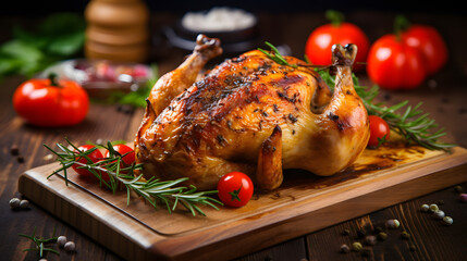 Roasted Chicken on a Cutting Board with Fresh Tomatoes and Herbs.