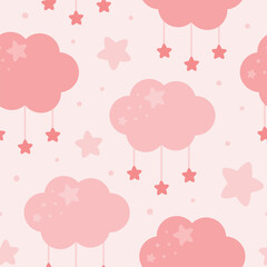 Wall Mural - Moon, Sun, Cloud and Stars Cute Seamless Pattern, Cartoon Vector Illustration, Cute Kawaii Cartoon Drawn Background, Isolated Background