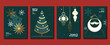 Luxury christmas invitation card art deco design vector. Christmas tree, snowflake, bauble ball, santa line art on dark green background. Design illustration for cover, print, poster, wallpaper.