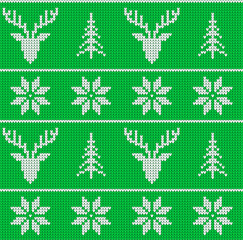 Naklejka na meble Scandinavian Christmas winter seamless knitted pattern. Head deer silhouette or reindeer, snowflake and Christmas tree. White pixel images with green background. Vector illustration
