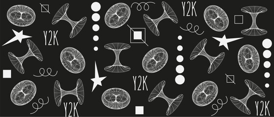 Black and white seamless pattern 3d abstract Geometric y2k aesthetic element and wireframe shapes. Geometry shapes retro design. Vector illustration for social networks, web pages, banners and posters