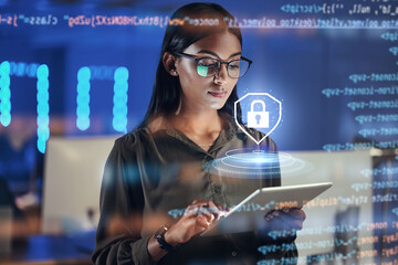 Poster - Lock hologram, tablet and woman with data analysis safety, software overlay and cyber security coding at night. Html, script and person reading with digital technology, gdpr and networking research