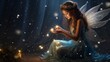 Little fairy with magic wand and lights in her hands sitting on floor