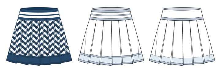 Wall Mural - Pleated mini Skirt technical fashion illustration, houndstooth pattern. Set of Skirts fashion flat technical drawing template, front view, white, blue, women CAD mockup set.