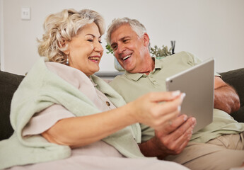 Poster - Senior couple, relax and tablet on sofa in home living room for love, movies and streaming internet show. Happy woman, elderly man and digital technology for social media, reading news app or website