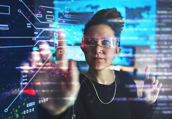 Leinwandbilder - Woman with cybersecurity, hologram button and glasses with vr, futuristic technology and location privacy. Data protection overlay, iot dashboard and research programmer with virtual reality goggles.