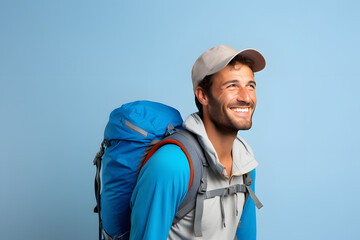 Trekker wearing a large backpack with a happy and smiling