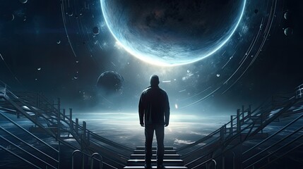 man standing on stairs and looking at the planet