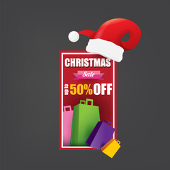 Wall Mural - vector Christmas sales paper banner or tag label with red santa hat on grey christmas background. Red winter Christmas sale poster, banner, social media post design template and background