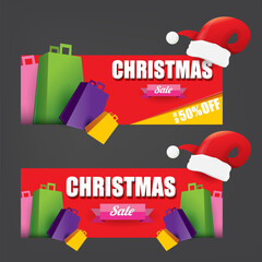 Wall Mural - vector Christmas sales paper banner or tag label with red santa hat on grey christmas background. Red winter Christmas sale poster, banner, social media post design template and background