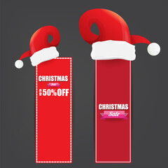 Wall Mural - vector Christmas sales paper banner or tag label with red santa hat on grey christmas background. Red winter Christmas sale poster, banner, social media post design template and background