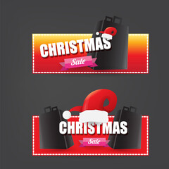 Wall Mural - vector Christmas sales paper banner or tag label with red santa hat on grey christmas background. Red winter Christmas sale poster, banner, social media post design template and background