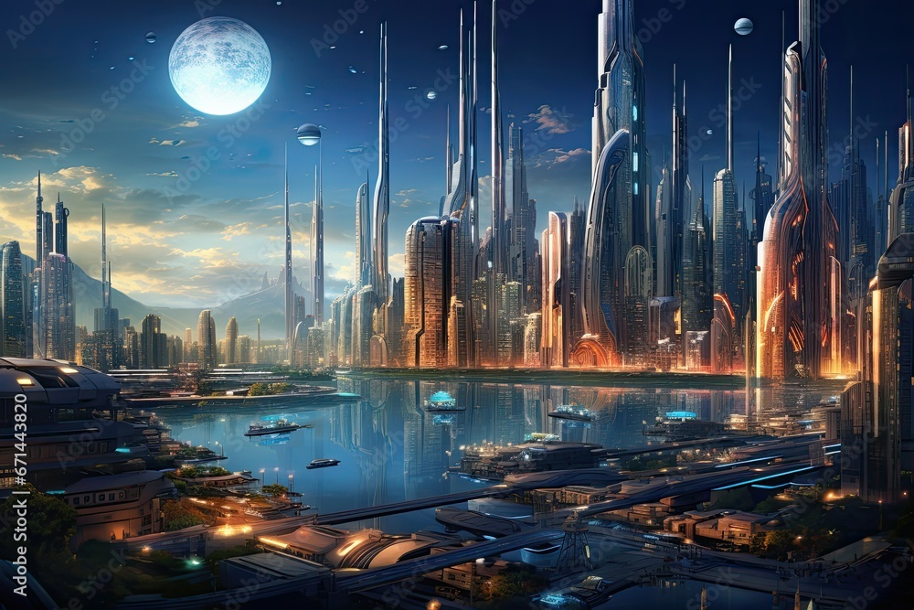 Futuristic city at night with full moon, 3D rendering, A fantasy new ...
