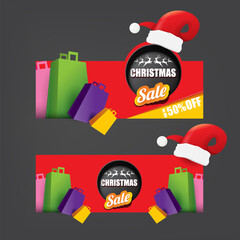 Wall Mural - vector Christmas sales paper banner or tag label with red santa hat on grey christmas background. Red winter Christmas sale poster, banner, social media post design template and background