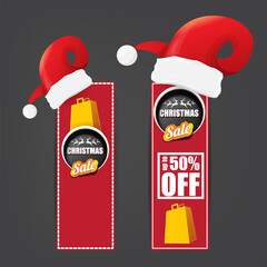 Wall Mural - vector Christmas sales paper banner or tag label with red santa hat on grey christmas background. Red winter Christmas sale poster, banner, social media post design template and background