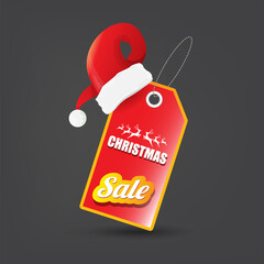 Wall Mural - vector Christmas sales paper banner or tag label with red santa hat on grey christmas background. Red winter Christmas sale poster, banner, social media post design template and background