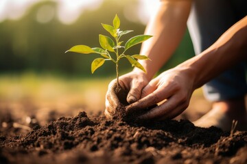 Close up of a hand planting a tree, concept of Sustainability for Earth Day. Generative AI