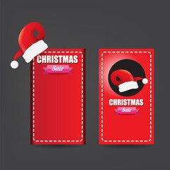 Wall Mural - vector Christmas sales paper banner or tag label with red santa hat on grey christmas background. Red winter Christmas sale poster, banner, social media post design template and background