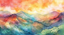 Nature Masterpiece A Watercolor Painting Of A Colorful Mountain Range In The Sun
