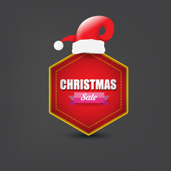 Wall Mural - vector Christmas sales paper banner or tag label with red santa hat on grey christmas background. Red winter Christmas sale poster, banner, social media post design template and background