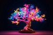 Tree figurine with neon multi-colored light. Magic tree.