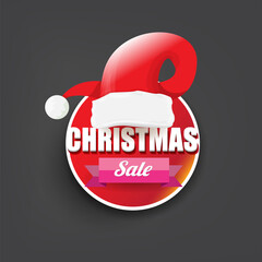 Wall Mural - vector Christmas sales paper banner or tag label with red santa hat on grey christmas background. Red winter Christmas sale poster, banner, social media post design template and background