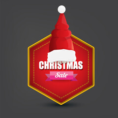 Wall Mural - vector Christmas sales paper banner or tag label with red santa hat on grey christmas background. Red winter Christmas sale poster, banner, social media post design template and background